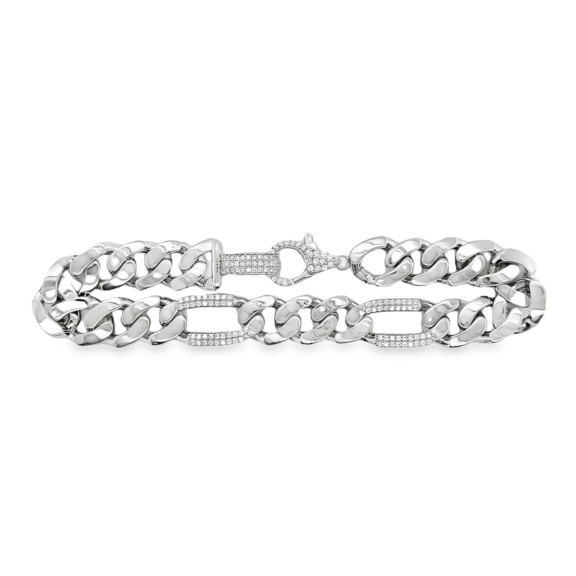925 Mexican Sterling Silver Figaro CZ and Cuban Link Hollow Bracelet