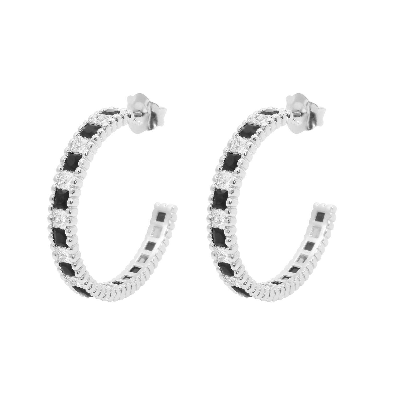 Sterling Silver Alternating Black & Clear CZ Open Hoop Earrings