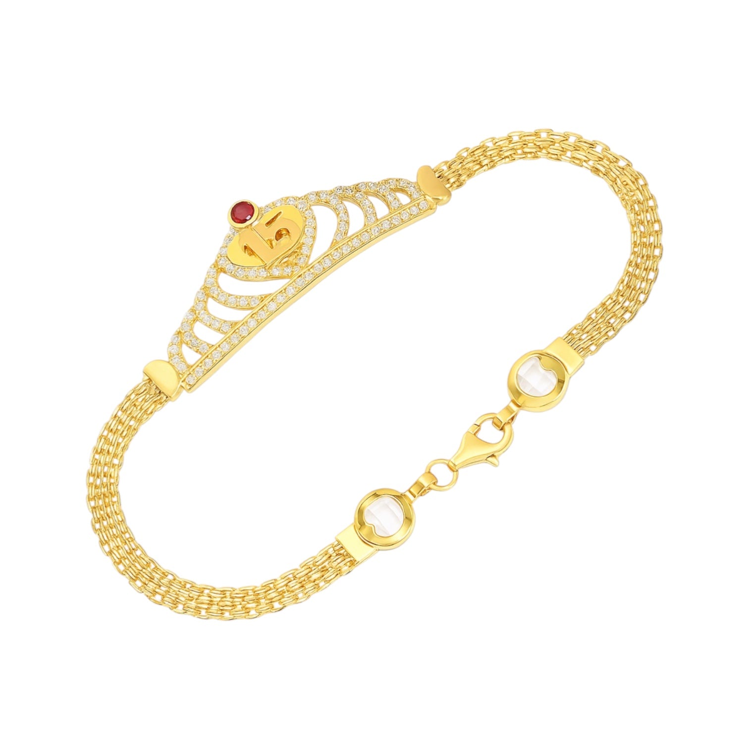14K Yellow Gold CZ Crown Heart Quinceañera Mesh Bracelet - 7.5" (7.3 GRAMS)