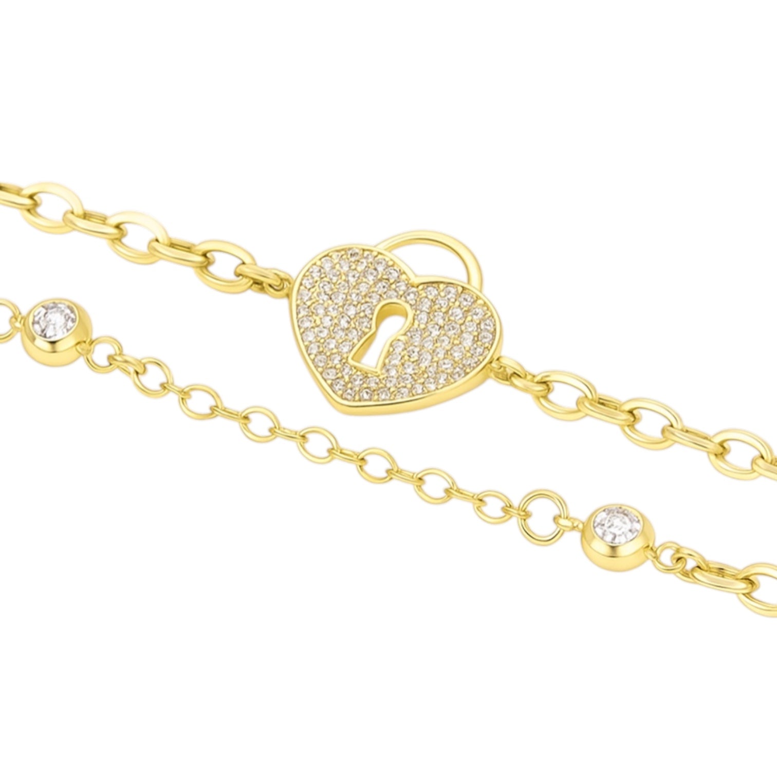 14K Yellow Gold CZ Heart Lock Oval Link Bracelet (7"+1") (4.4 GRAMS)