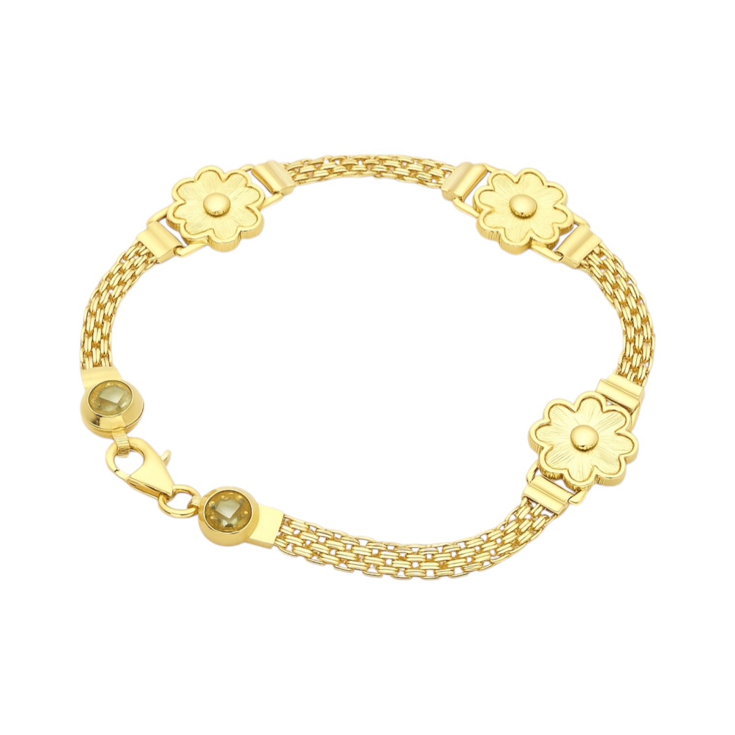 14K Yellow Gold Diamond Cut Flower Station Mesh Bracelet - 7.5" (9.6 GRAMS)