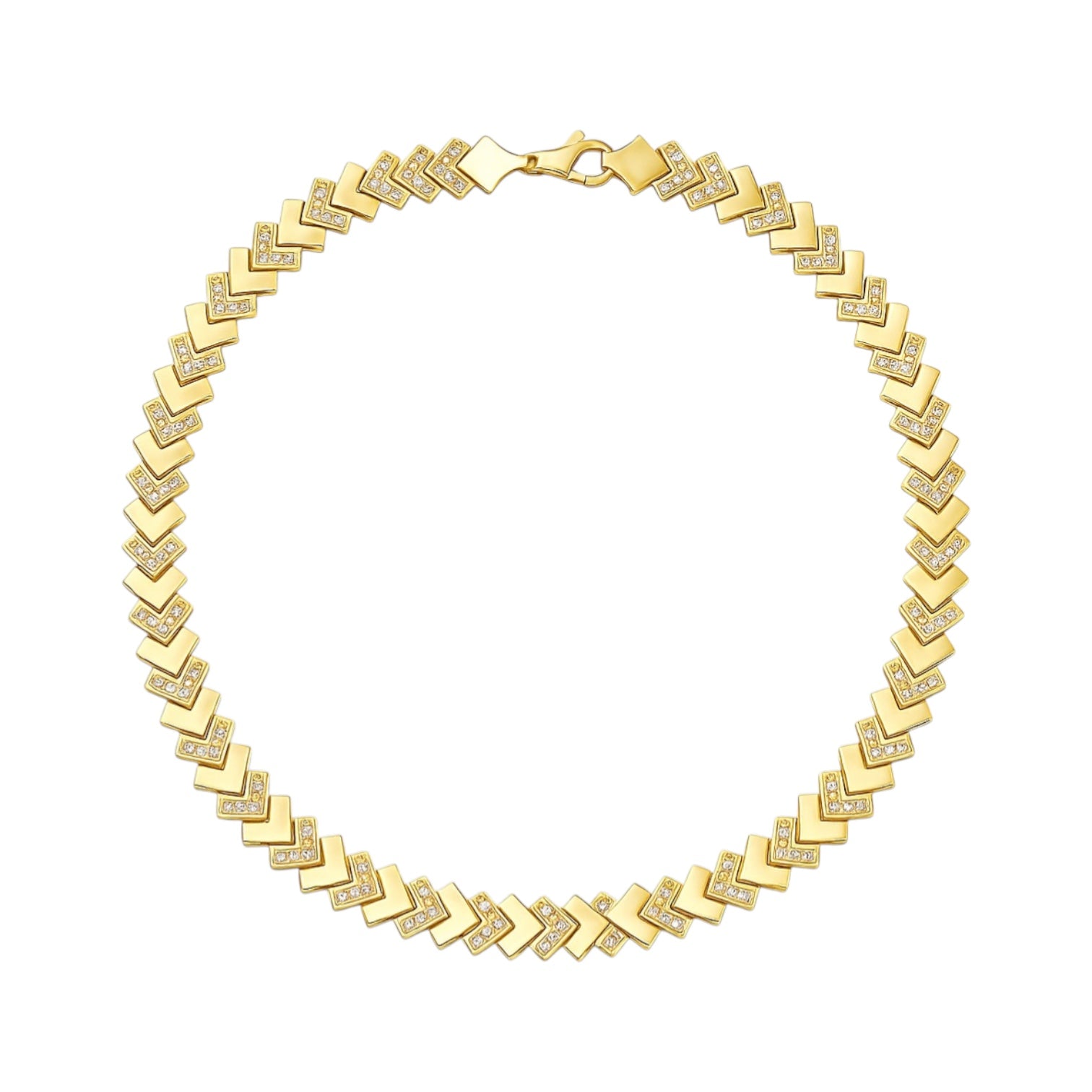 14K Yellow Gold Alternating CZ Chevron Link Bracelet - 7.5" (7.7 GRAMS)