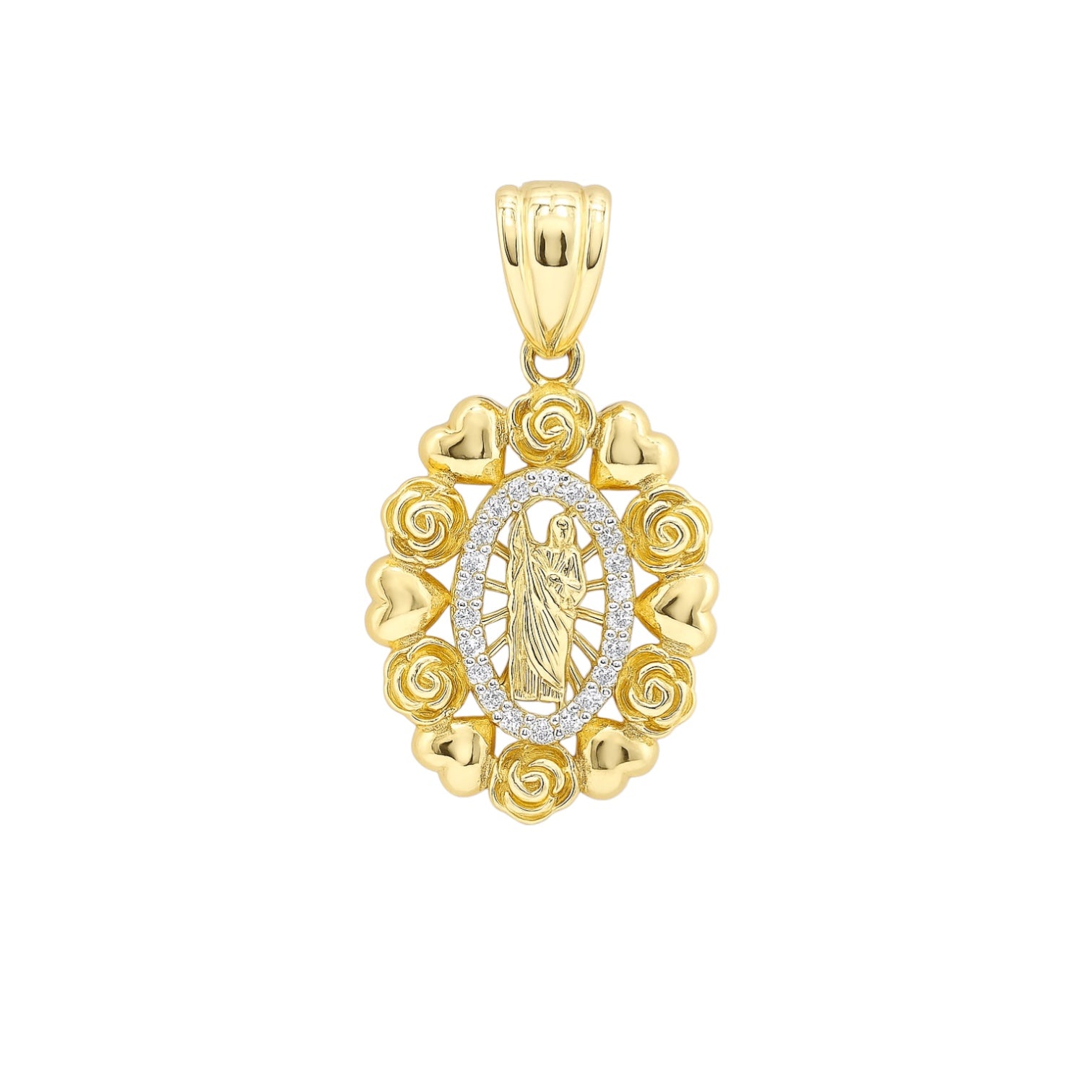 14K Yellow Gold CZ Flower & Heart Border Saint Jude Pendant