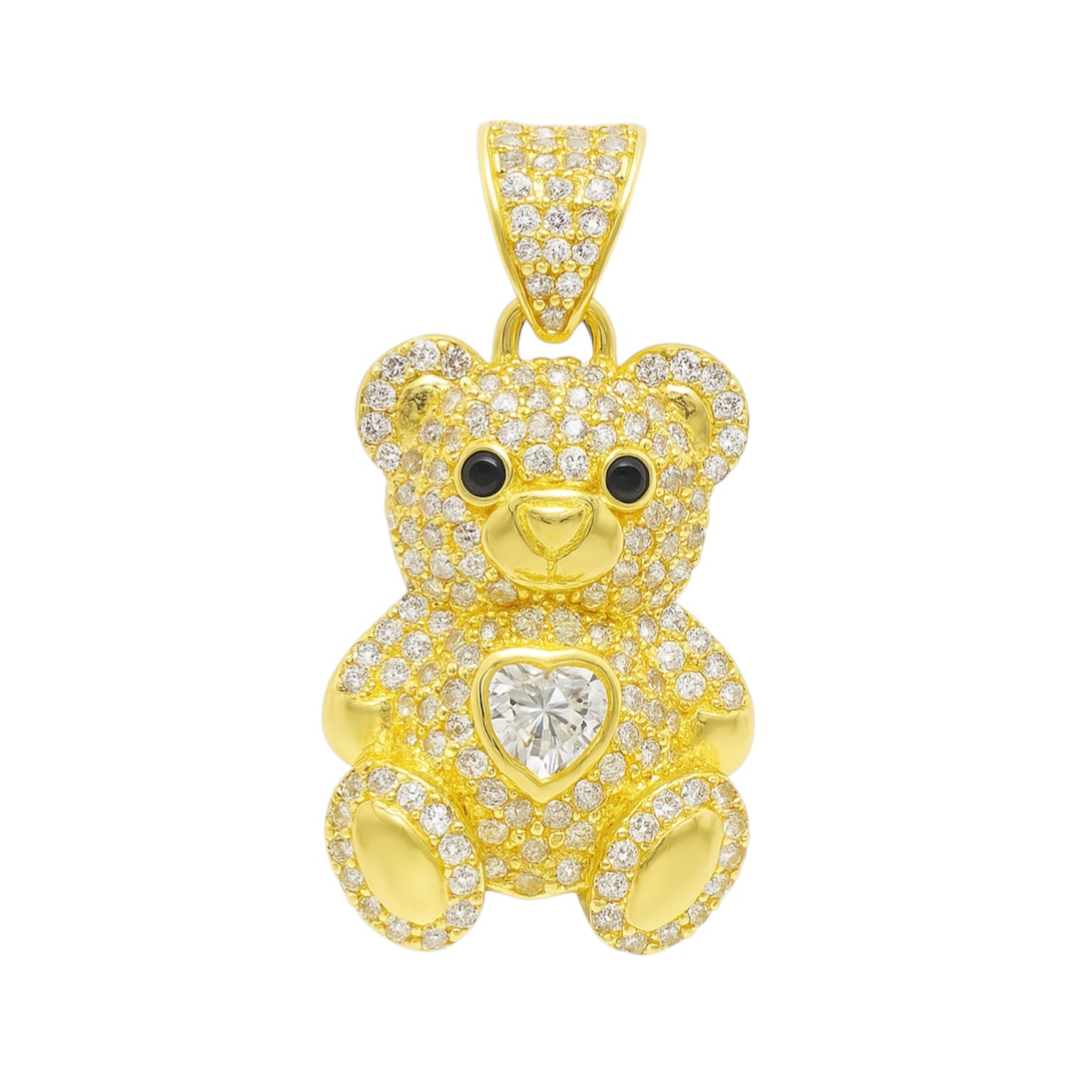 14K Yellow Gold CZ Teddy Bear W/ Heart Pendant