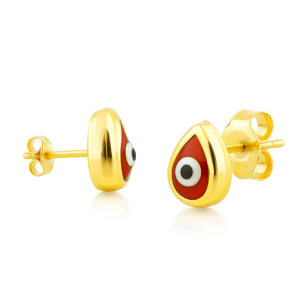 14K Yellow Gold Pear Shape Red Evil Eye Stud Earrings