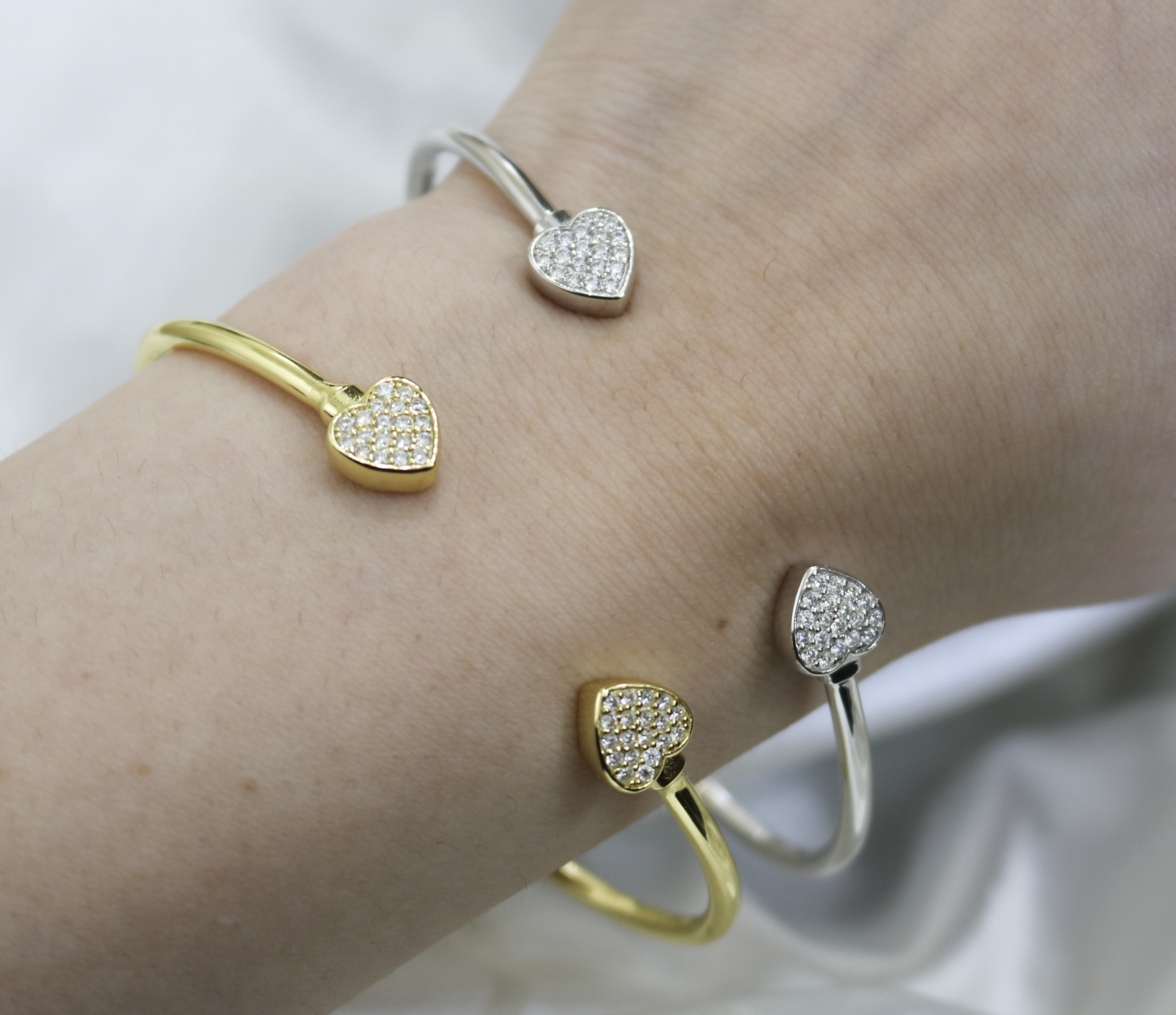 Sterling Silver Moissanite Pave Heart Open Cuff Bangle