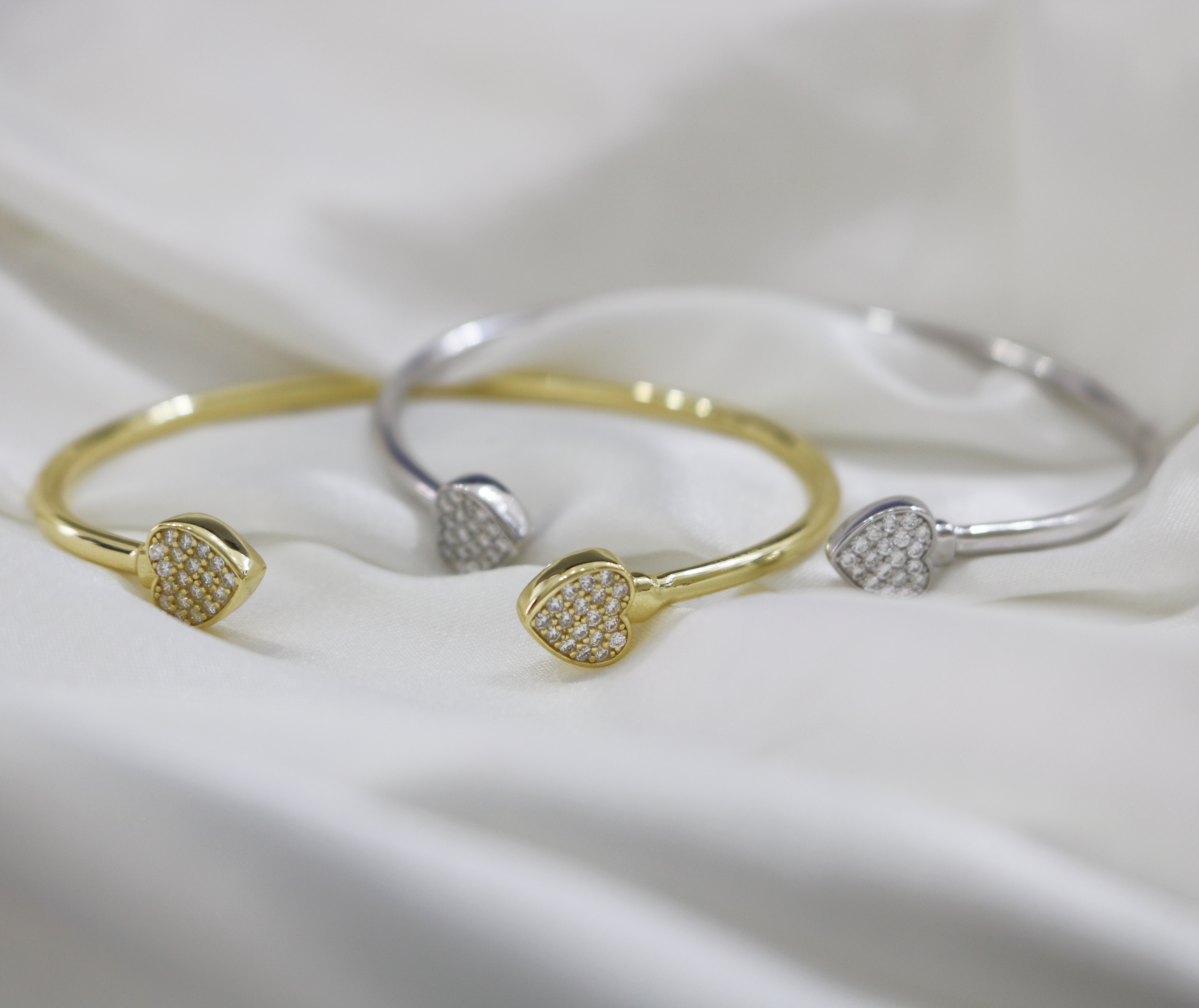 Sterling Silver Moissanite Pave Heart Open Cuff Bangle