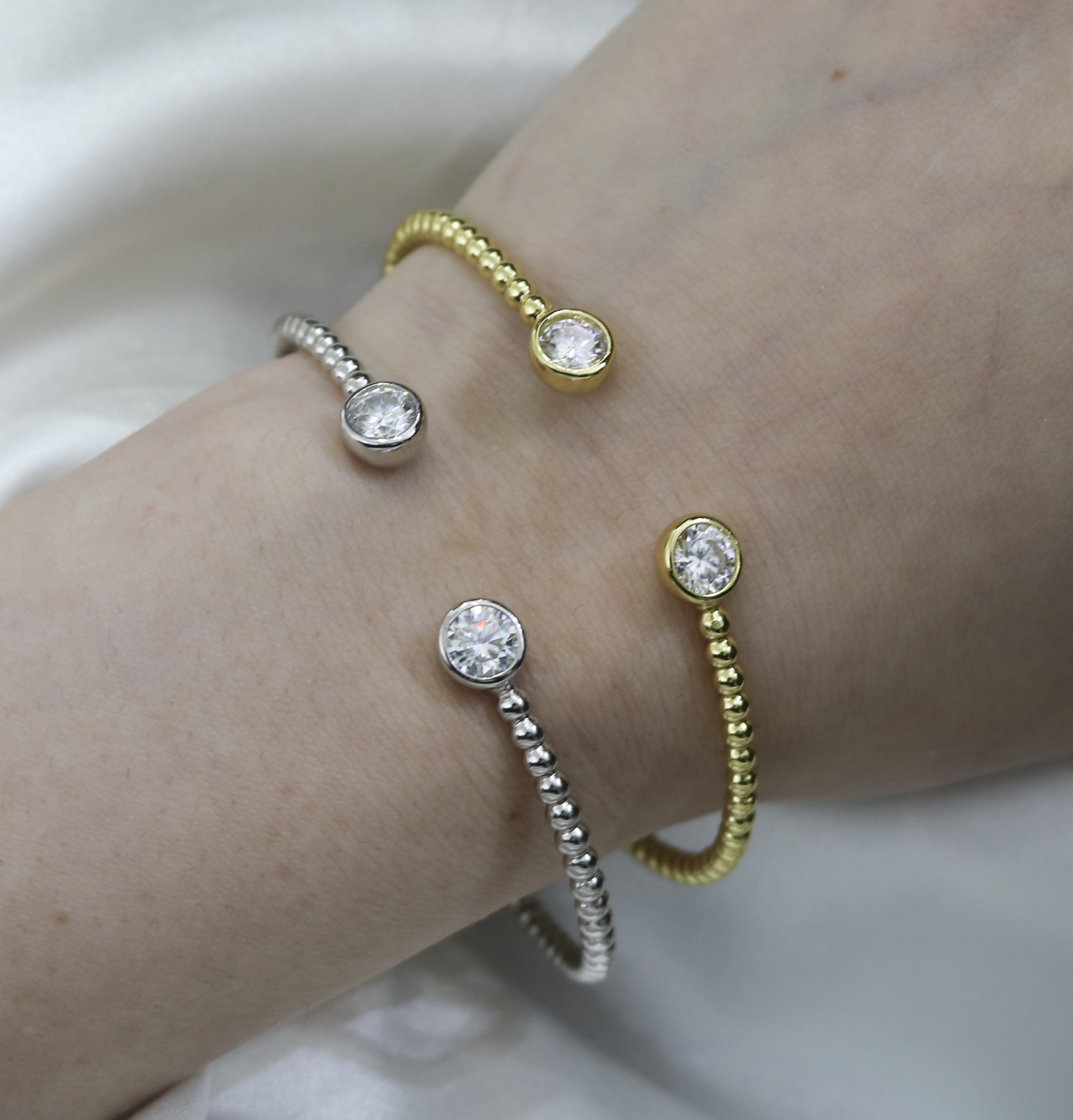 Sterling Silver Moissanite Bubble Beaded Open Cuff Bangle