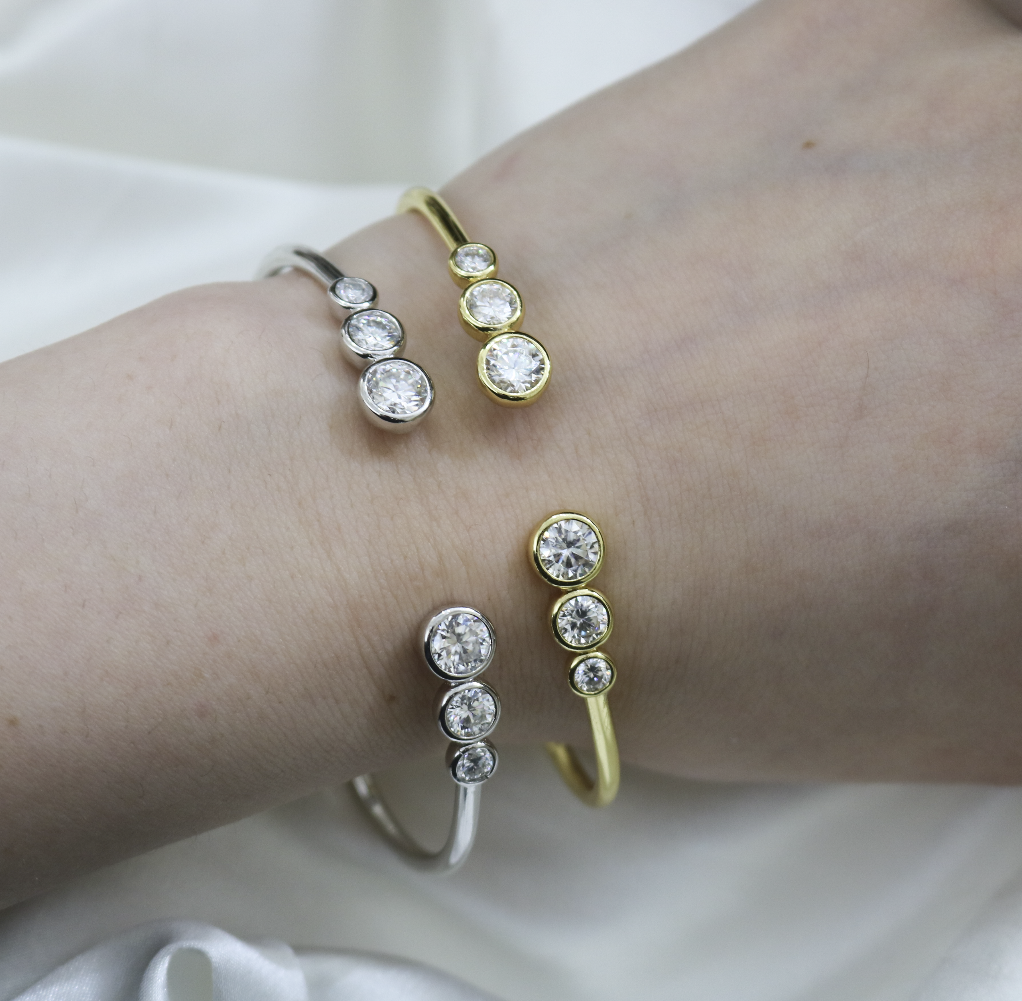 Sterling Silver Moissanite Triple Bubble Open Cuff Bangle