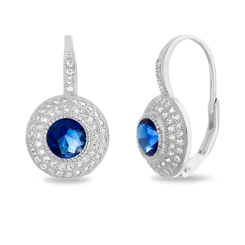 Sterling Silver Pave CZ Blue Center Stone Huggie Earrings
