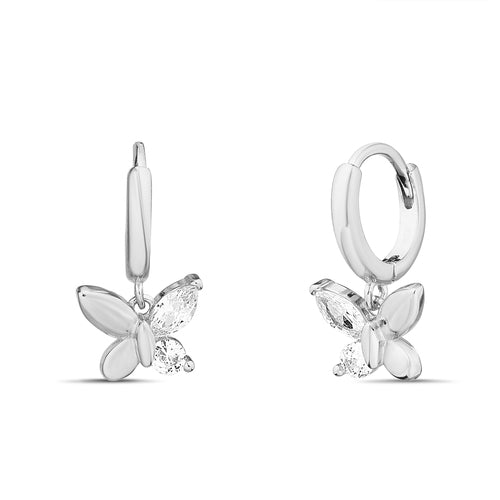 Sterling Silver Dangling CZ Butterfly Huggie Earrings