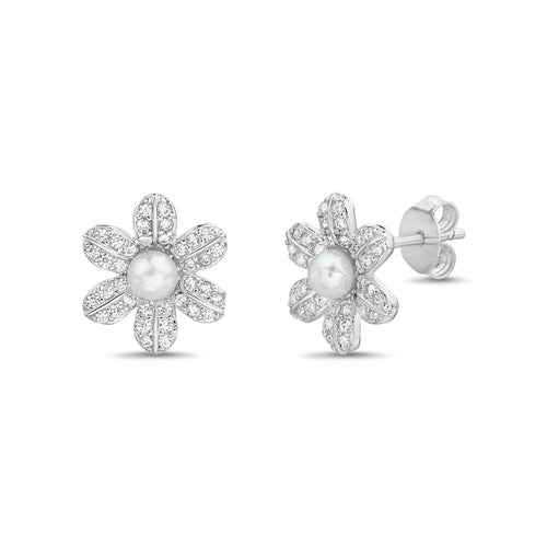 Sterling Silver CZ Flower W/ Pearl Center Earrings