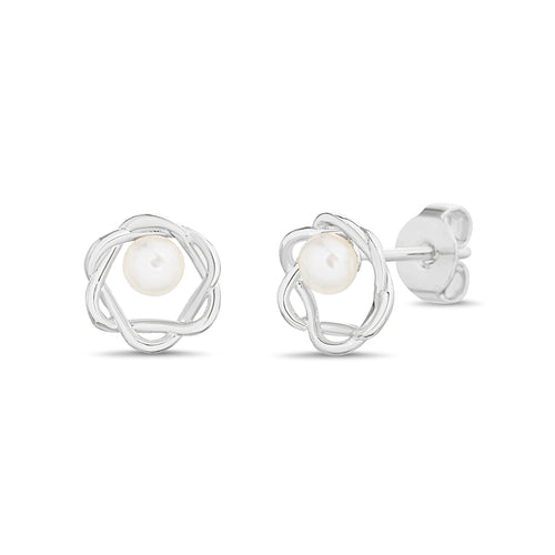 Sterling Silver Interlocking Open Flower Pearl Earrings