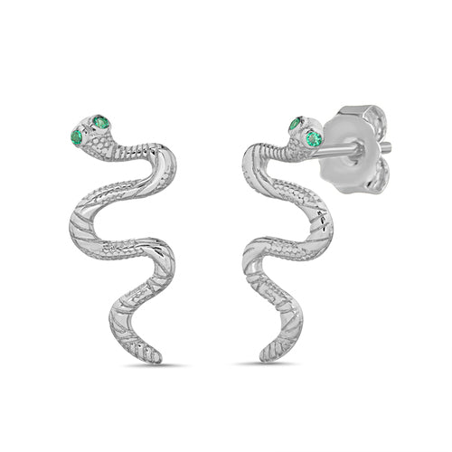 Sterling Silver CZ Green Eyed Snake Earrings