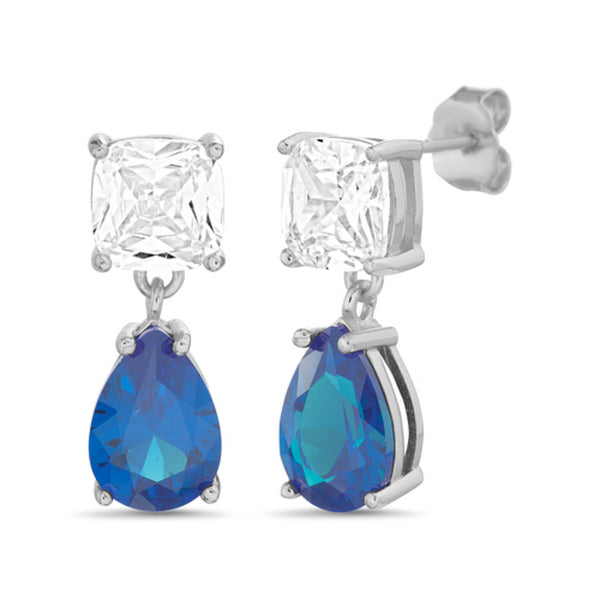 Sterling Silver Square W/ Dangling Pear Blue CZ Earrings