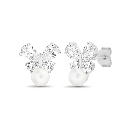 Sterling Silver CZ Butterfly W/ Pearl Earrings