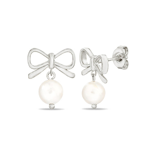 Sterling Silver Ribbon Bow W/ Dangling Pearl Earrings