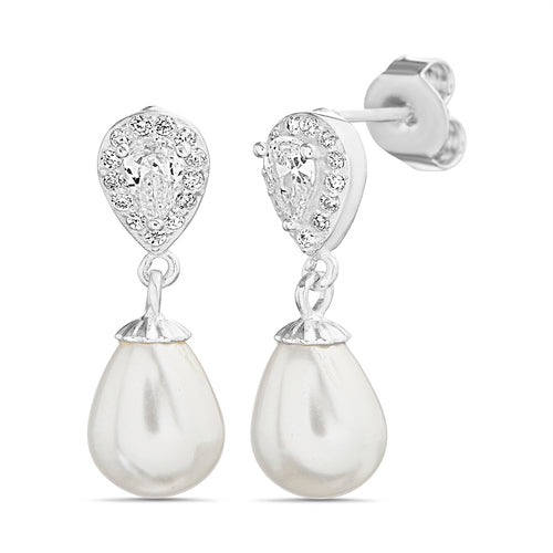 Sterling Silver Teardrop Pear CZ W/ Dangling Pearl Earrings