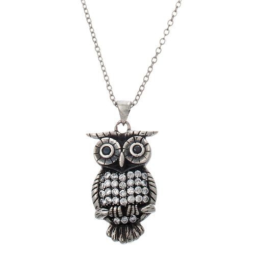 Sterling Silver CZ Owl On Diamond Cut Chain Necklace
