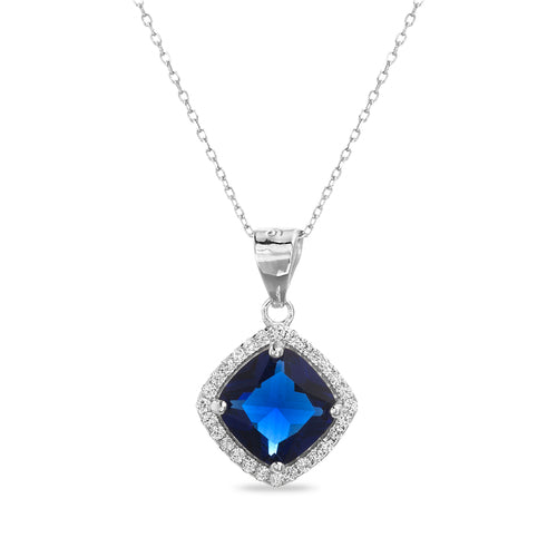 Sterling Silver Diamond Shape Blue CZ Halo Necklace