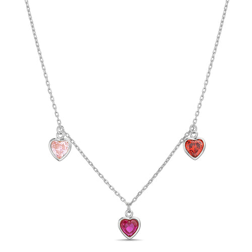 Sterling Silver Pink/Red CZ Heart Charms Necklace