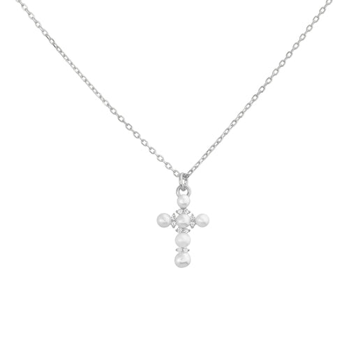 Sterling Silver Pearl & CZ Cross Necklace