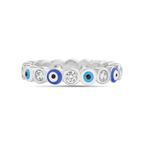 Sterling Silver CZ & Blue/White Enamel Evil Eye Ring