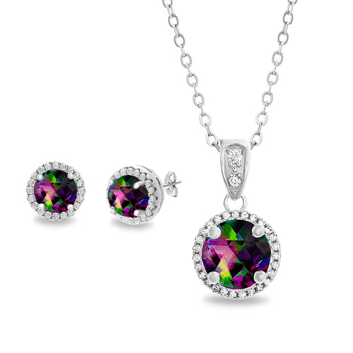Sterling Silver Round Mystic Topaz W/ CZ Halo Necklace/Earrings Set