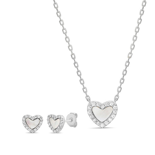 Sterling Silver Mother Of Pearl CZ Heart Necklace/Earrings Set
