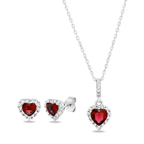 Sterling Silver Colored CZ Heart Necklace/Earrings Set