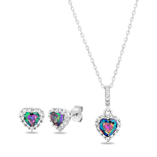 Sterling Silver Mystic Topaz CZ Heart Necklace/Earrings Set
