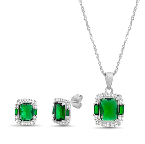 Sterling Silver Elegant Colored Rectangle CZ Halo Necklace/Earrings Set