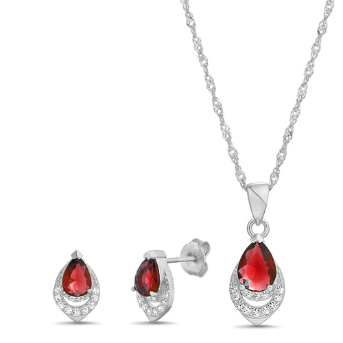Sterling Silver Colored CZ Pear Shape Necklace/Earrings Set
