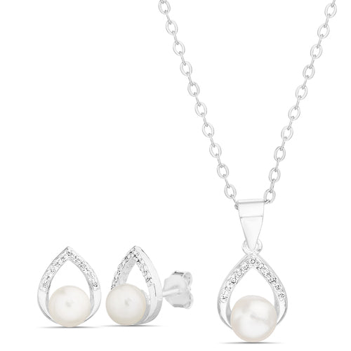 Sterling Silver CZ & Pearl Teardrop Necklace/Earrings Set