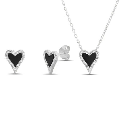 Sterling Silver Black Onyx Heart W/ CZ Halo Necklace/Earrings Set