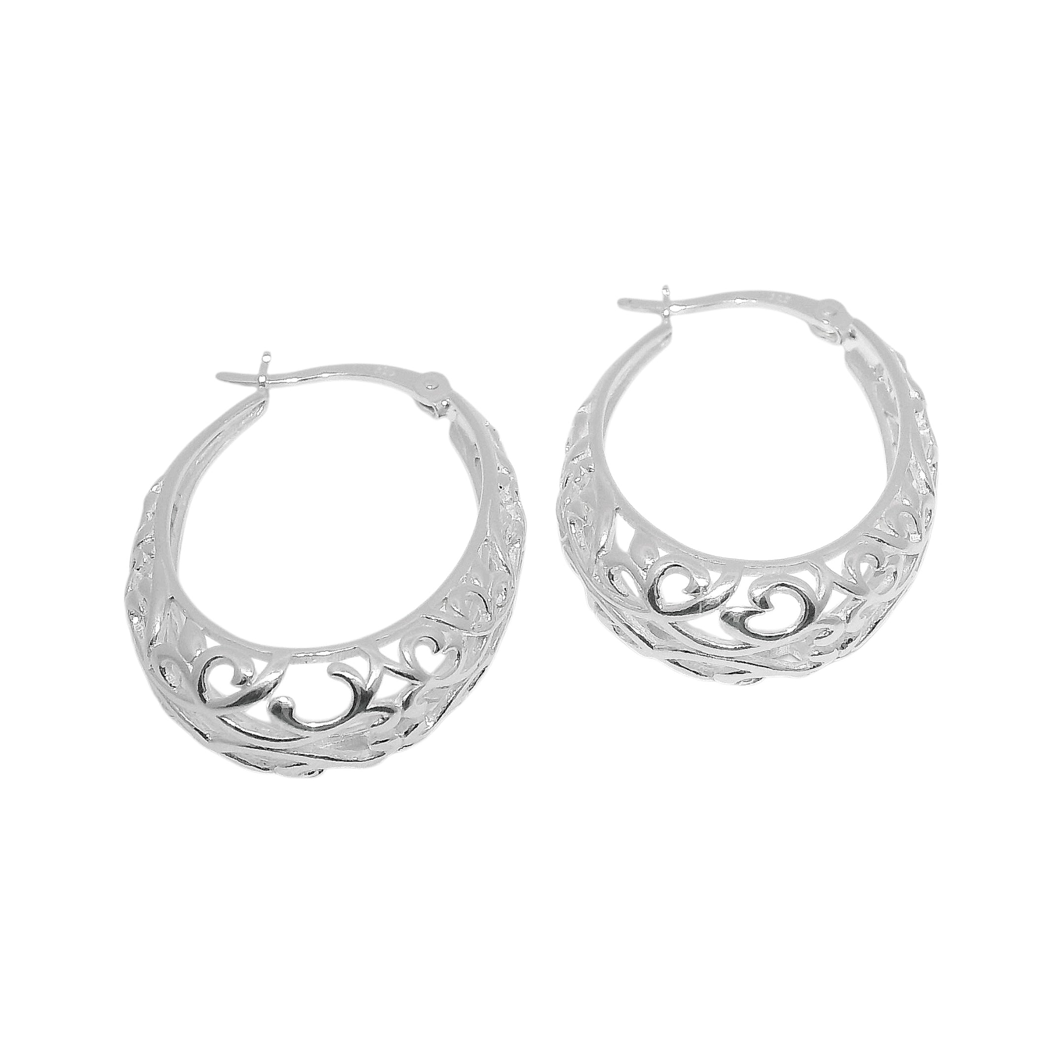 Sterling Silver Filigree Cut-Out Oval Hoop Earrings