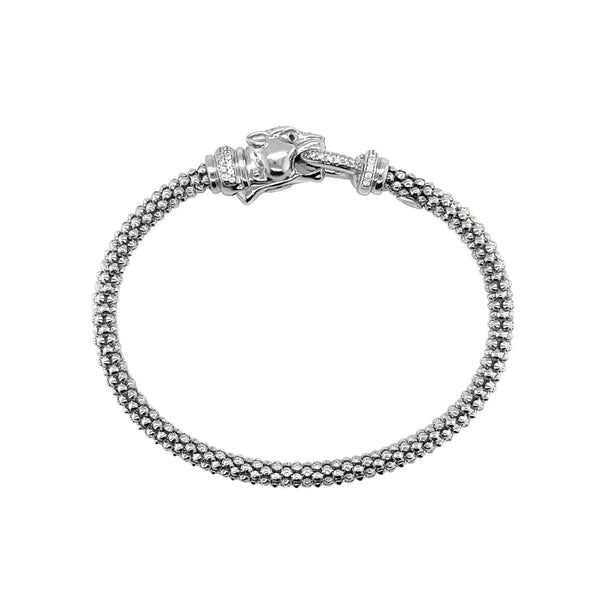 Sterling Silver Green Eyed CZ Panther Bangle
