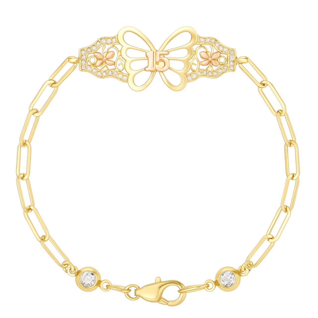 14K Yellow Gold CZ Tricolor Butterfly Quinceañera Paperclip Bracelet - 8" (5.3 GRAMS)