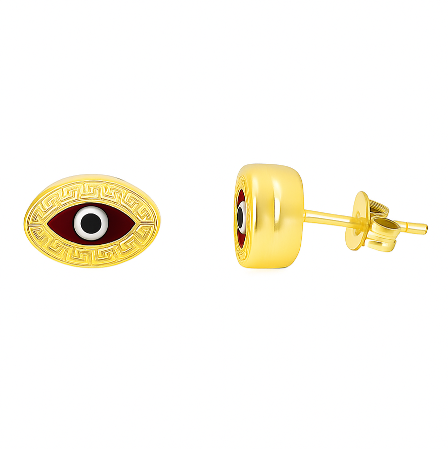14K Yellow Gold Red Evil Eye Stud Earrings