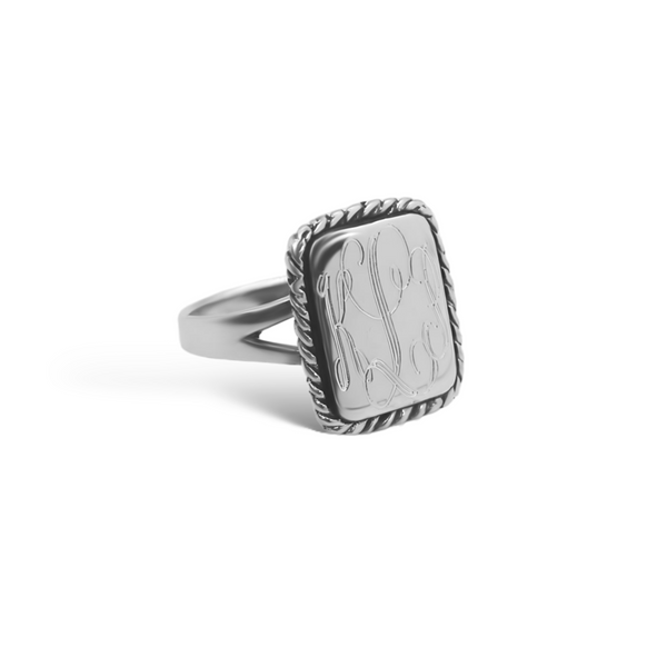 Sterling Silver Engravable Rectangle Ring With Rope