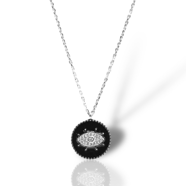 Sterling Silver Circle Pendant Evil Eye Necklace w/ Black Enamel
