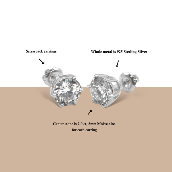 Sterling Silver 6 Prong Moissanite Screwback Earrings/w Certification