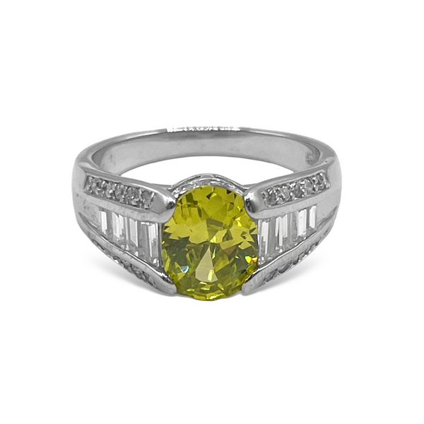 Sterling Silver Green Center Stone Baguette CZ Ring