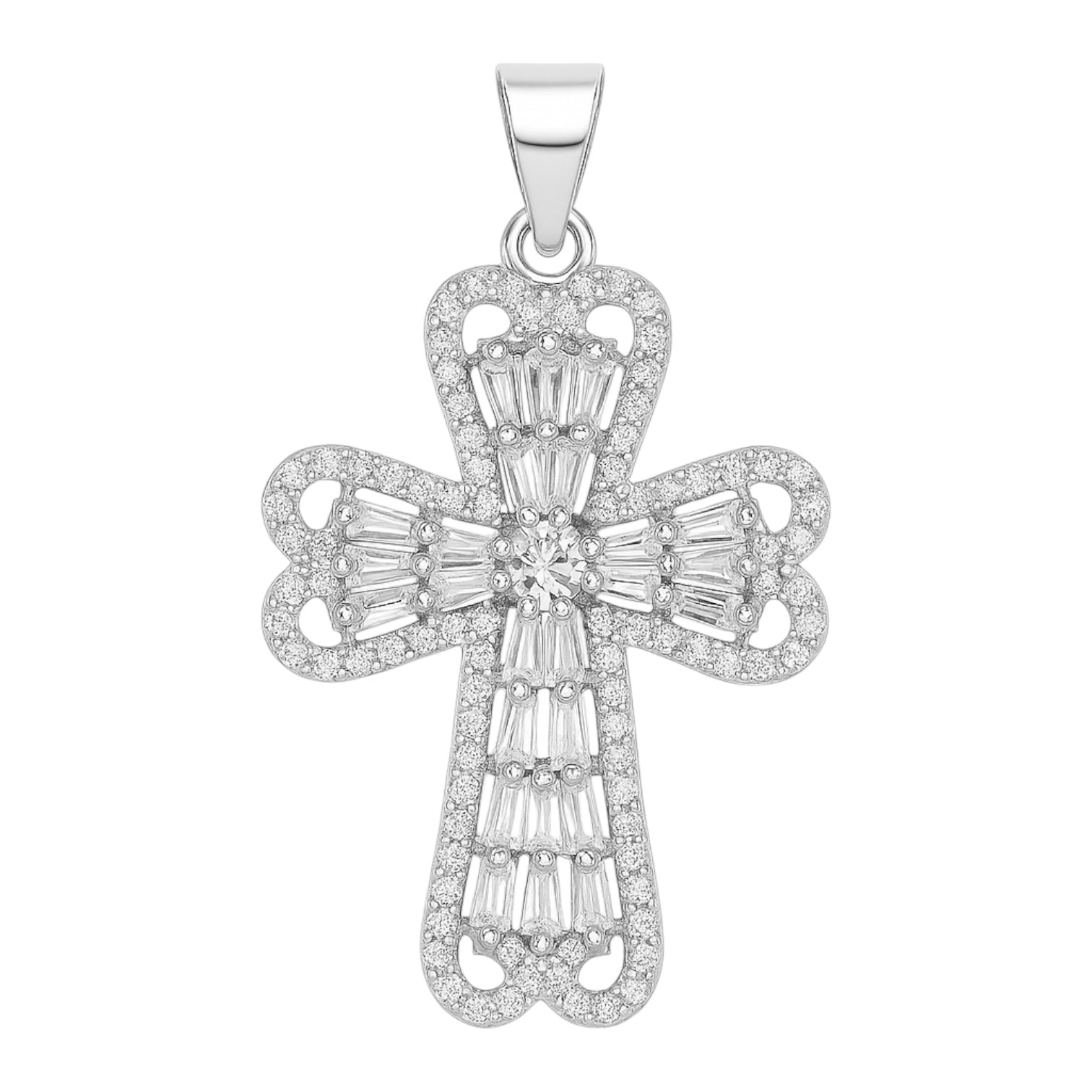 Sterling Silver CZ Heart Edges Cross Pendant