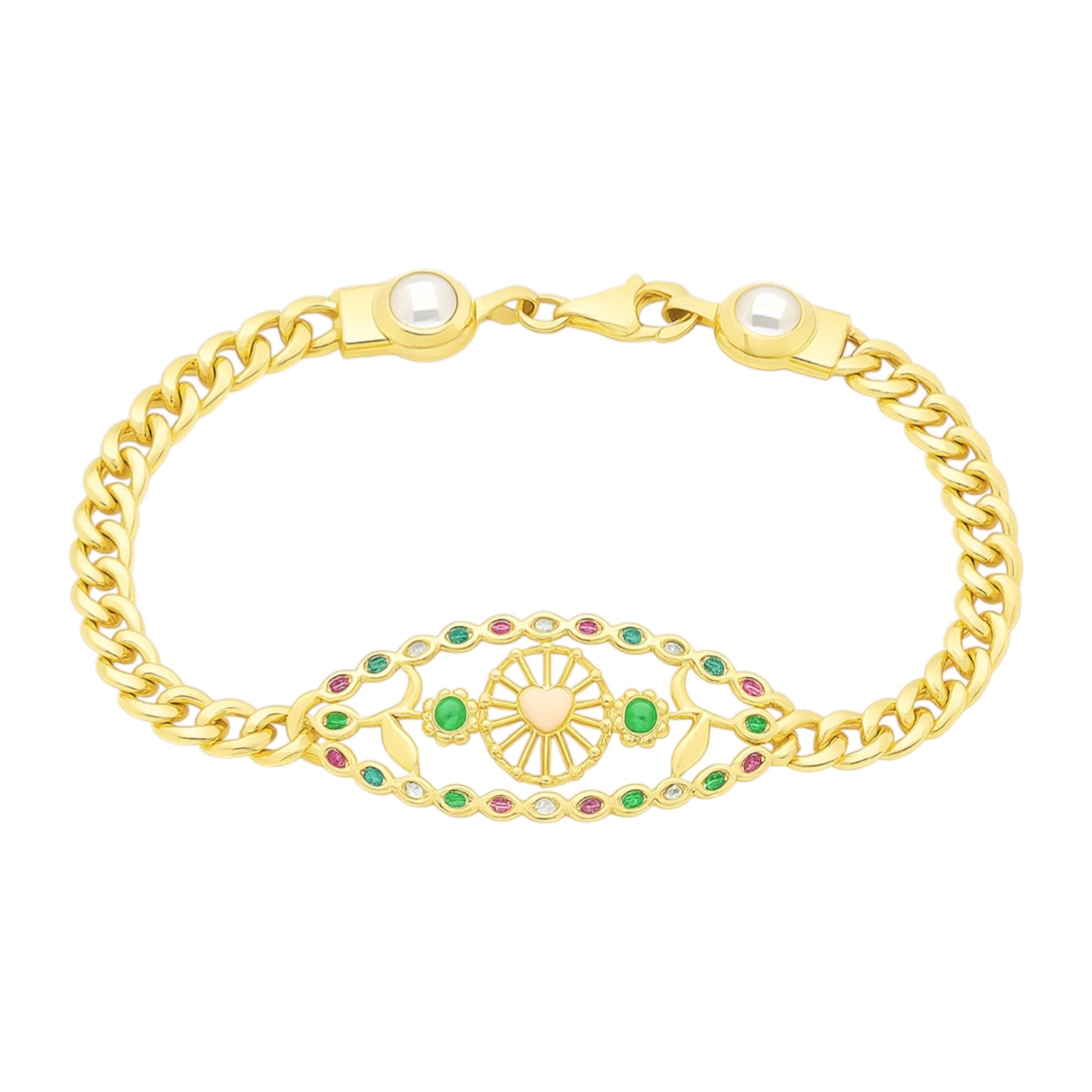 14K Yellow Gold CZ Multicolor Decorative Oval Flower Heart Miami Cuban Bracelet - 7.5" (5.6 GRAMS)
