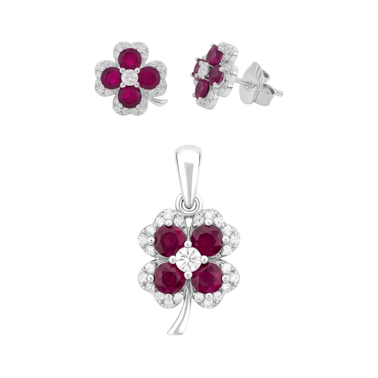 Sterling Silver Colored CZ Four Leaf Clover Pendant & Earrings Set