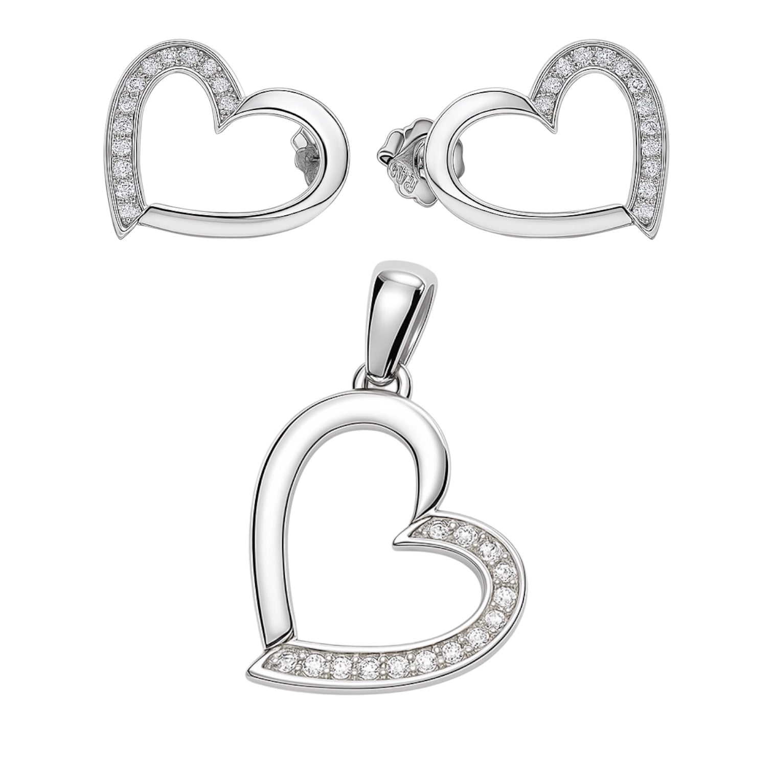 Sterling Silver Half CZ Half Plain Open Heart Pendant/Earrings Set