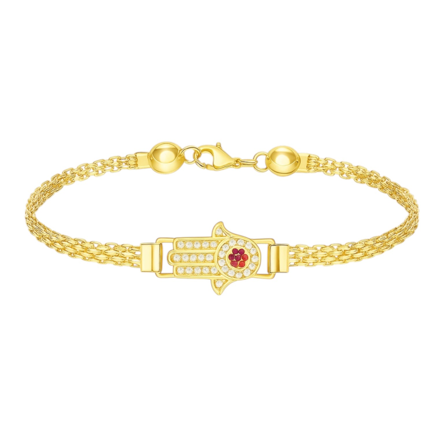 14K Yellow Gold CZ Hamsa Hand Mesh Bracelet - 7.5" (6.1 GRAMS)