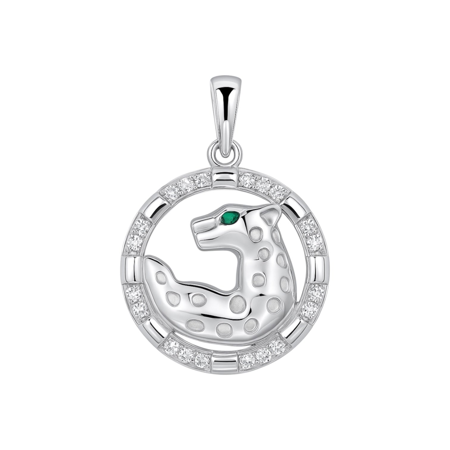 Sterling Silver Round CZ Green Eyed Jaguar Pendant