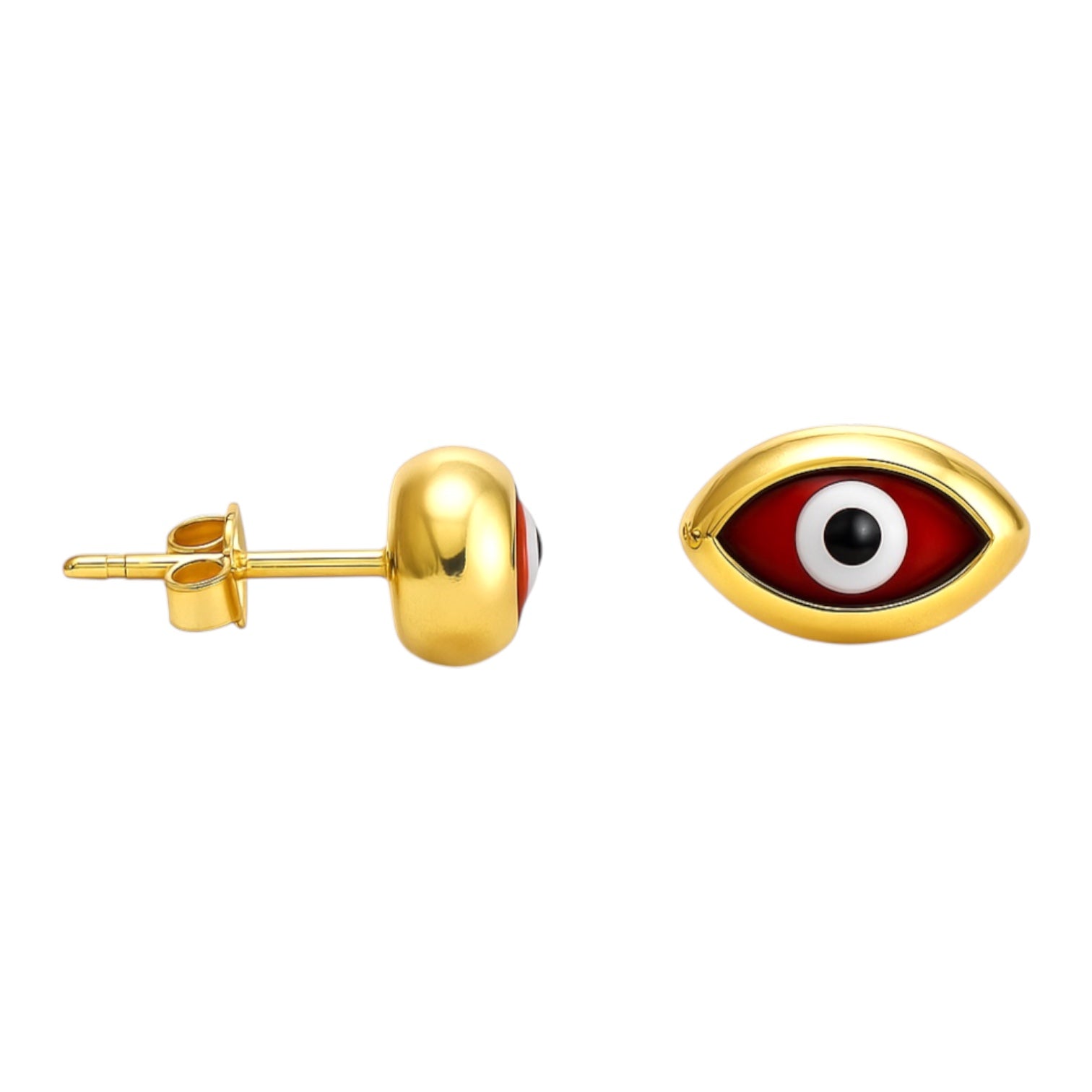 14K Yellow Gold Puffed Red Evil Eye Stud Earrings